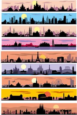 city sunset silhouette vector graphics