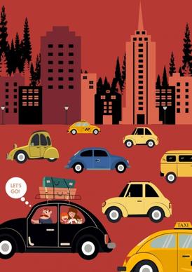 city traffic drawing car buildings icons colored cartoon
