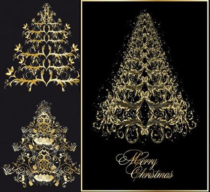 christmas backgrounds fir tree icons dark golden design