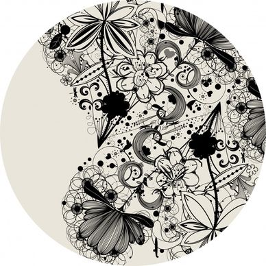 doodle flowers background black white flat circle isolation