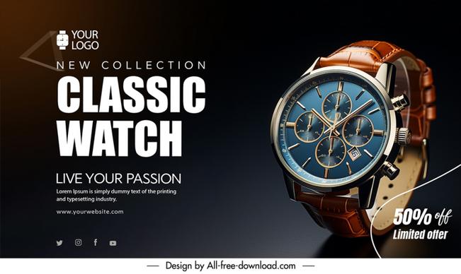 classic watch banner discount template  elegant contrast closeup