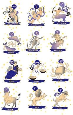 zodiac sign icons classical characters animals objects sketch