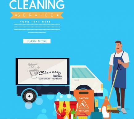 cleaning service advertisement male truck icons webpage style