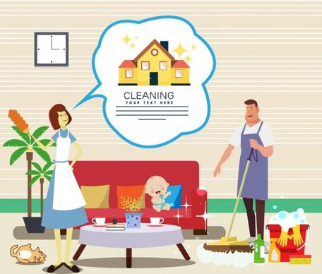 cleaning service banner family member icons colored cartoon