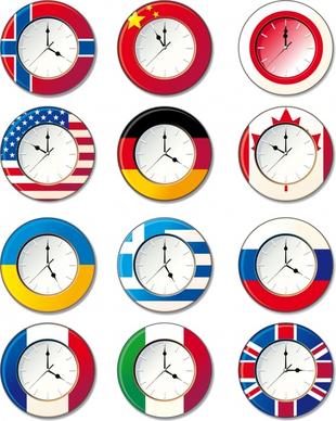 clock icons nations flags decor flat circles design