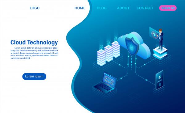 cloud computing technology concept digital service or app with data transfering data processing protecting data security concept isometric flat design