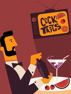 cocktail advertising banner elegant man icon colored cartoon