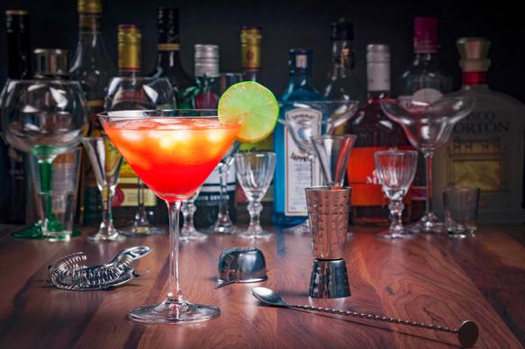 cocktail bar picture glass bottles closeup 