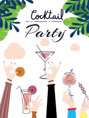 cocktail party banner raising hands glass icons decoration