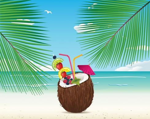 beach beverage background bright colorful seaside coconut sketch