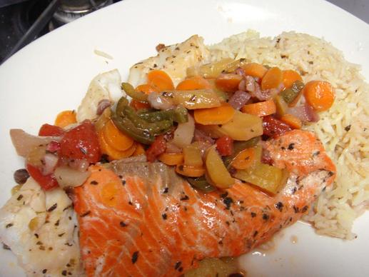 cod amp salmon en papillote w homemade dill pickled baby carrots amp summer fruit compote peach strawberry pineapple watermelon jalapeno amp raisins rice pilaf