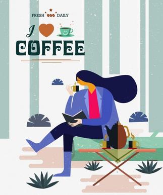 coffee advertisement relaxing woman icon classical cartoon design