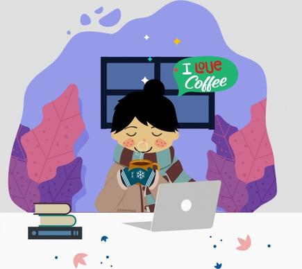 coffee advertising banner work place icon colored cartoon