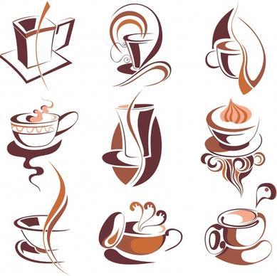coffee icons collection brown cup curved lines decor