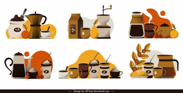 coffee icons colorful classical decor objects sketch
