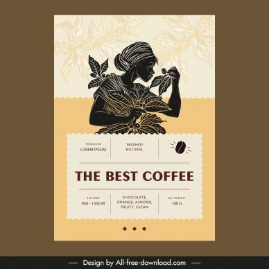   coffee label template handdrawn silhouette farmer leaves beans