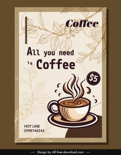 coffee poster template handdrawn retro cup leaves