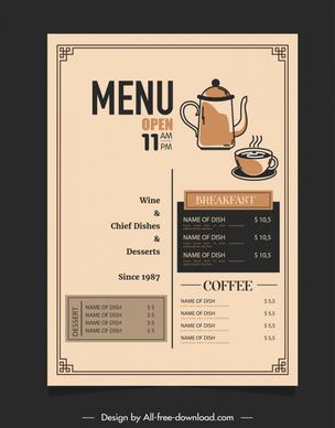 coffee shop menu template flat retro cup pot