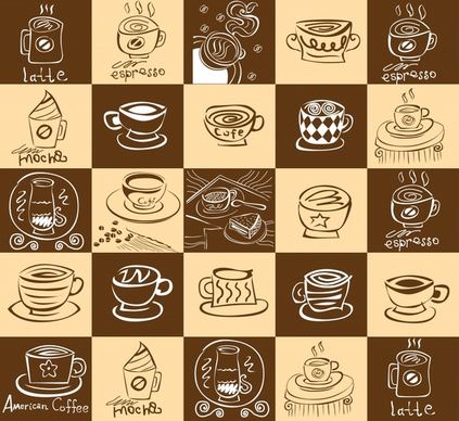 coffee pattern template retro handdrawn cups sketch