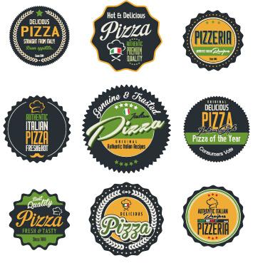colored pizza labels with badges retro vector