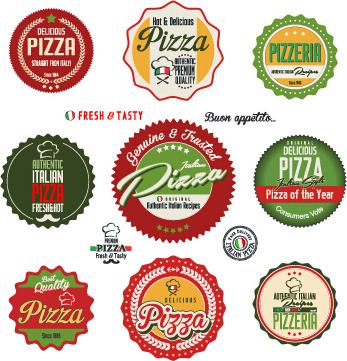 colored pizza labels with badges retro vector