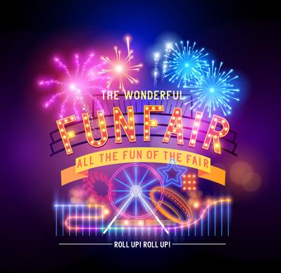 colorful fireworks with funfair poster vector