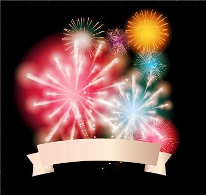 colorful fireworks with ribbon vector background