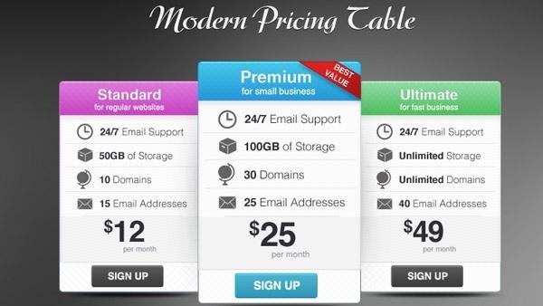 Colorful Pricing Tables PSD