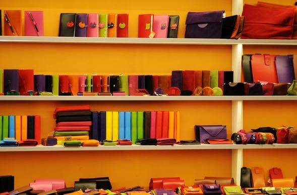 colorful shop with wallets and cases