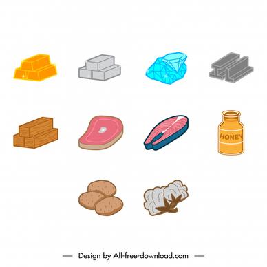 commodities icon sets classical design objects foods symbols sketch