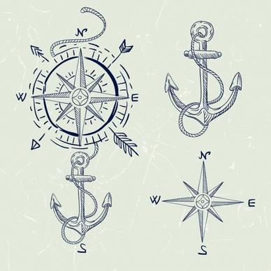 compass design elements handdrawn classical sketch various symbols
