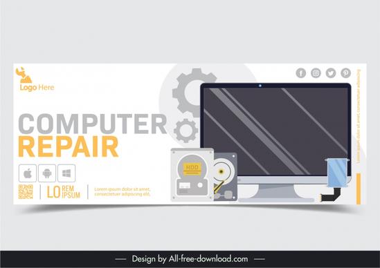 computer repair banner template flat disk screen gears 