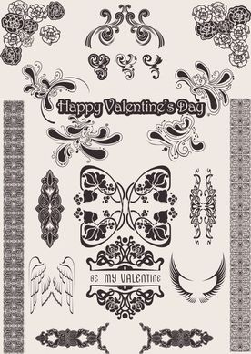 valentine decor elements retro flora wings shapes sketch