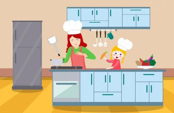 cooking background mother daughter kitchen icons cartoon design