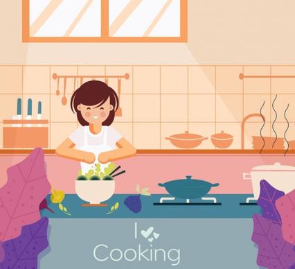 cooking banner housewife kitchenware icons cartoon design