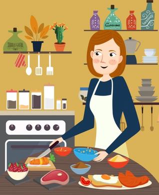 cooking painting housewife cuisine preparation kitchenware icons