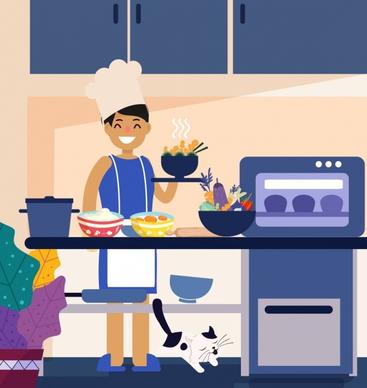 cooking work background housewife kitchenware icons cartoon design
