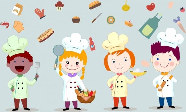 cooking work background kids food icons cartoon characters