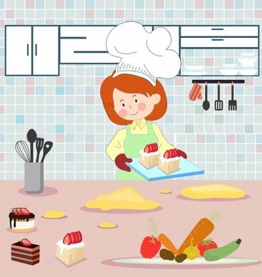 cooking work background woman food kitchen icons decor