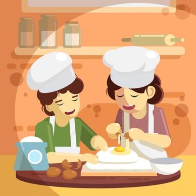 cooking work background women pastry icons colored cartoon