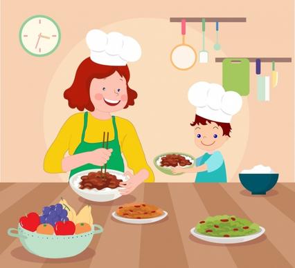 cooking work painting mother son food kitchen icons