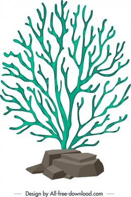 coral background green tree stone icons 3d design