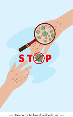 corona epidemic poster hands contact virus magnifier sketch