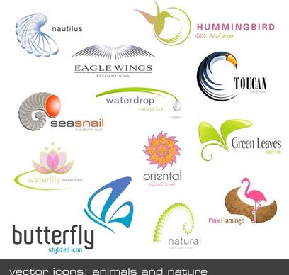logo templates droplet bird worm butterfly flower icons