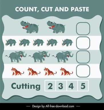 count cut and paste education template flat funny rhino hippo elephant tiger sketch