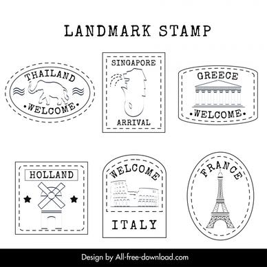 country stamps collection handdrawn line art
