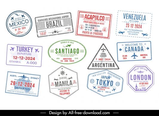 country visa stamp templates collection flat classical geometry 