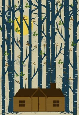 countryside landmark background cottage trees icons retro design