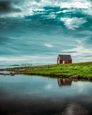 countryside picture cottage cloudy sky lake scene 