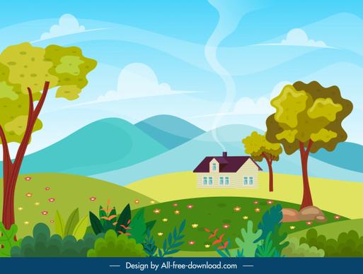 countryside scene painting bright colorful classic design